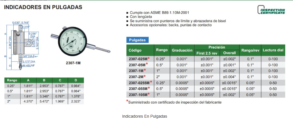 Reloj Comparador Analógico Insize 2307-105M, Rango 1", Graduación 0.0005" Precisión 0.0005"