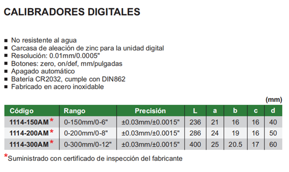 CALIBRADOR DIGITAL METALICO 0-6" /0-150 MM  0.0005"/0.01 MM INSIZE 1114-150AM